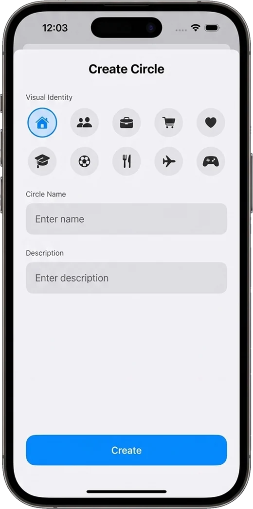 Notify’s Create Circle screen with an icon picker, name and description fields
