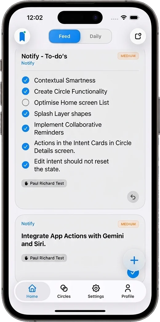 Notify’s home feed showing a shared checklist with completed items inside a Circle