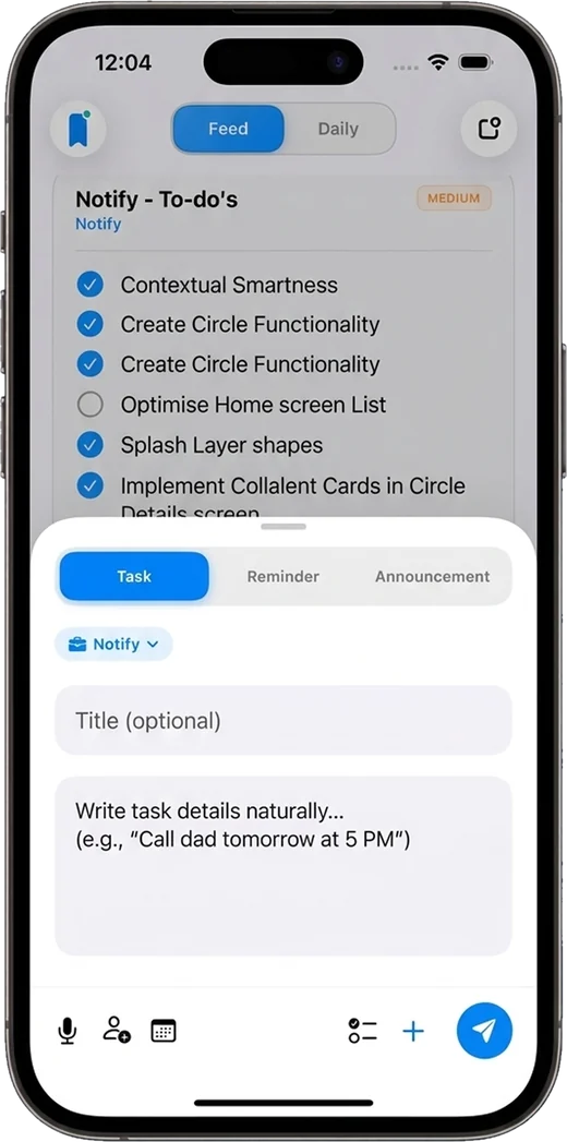 Notify’s quick-add sheet with Task, Reminder and Announcement modes
