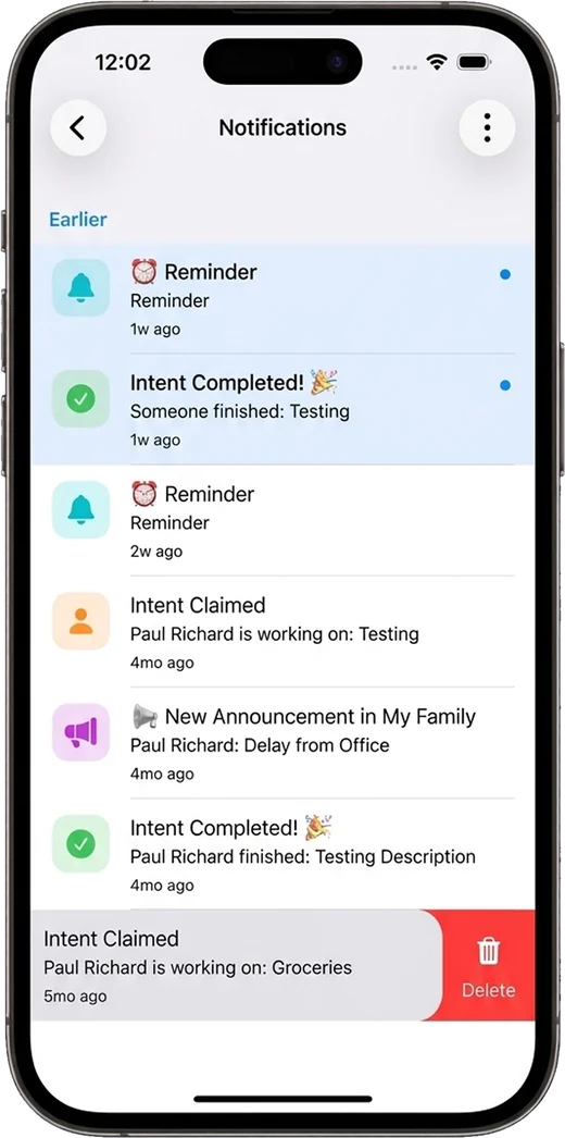 Notify’s notifications feed listing reminders, claimed tasks, completed tasks and announcements